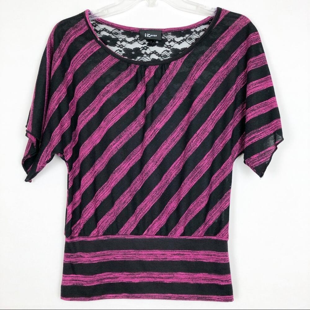 iZ Byer Banded Bottom Striped Lace Blouse Size Small